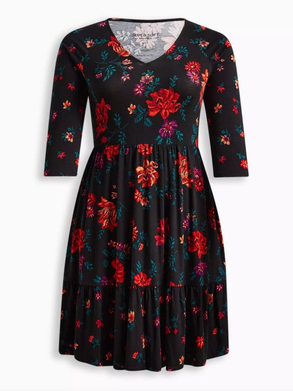 TORRID 2 Plus Size Mini Super Soft Skater Dress Black Red Teal Floral 3/4 Sleeve - Picture 4 of 16